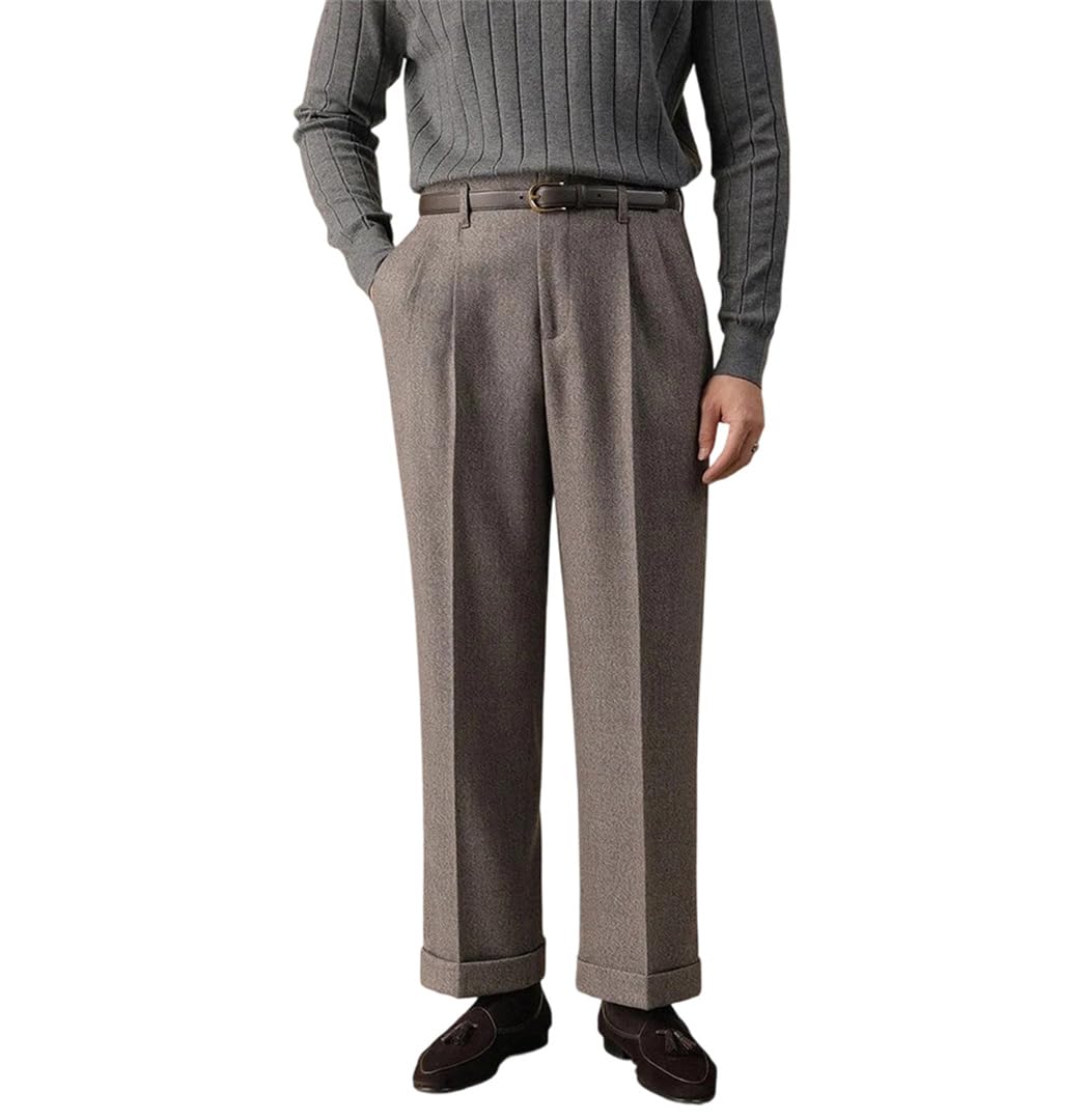 Mens Wool Blend Dress Pants High Straight Leg Fit for Formal Office and Versatile Casual Wear for Cold