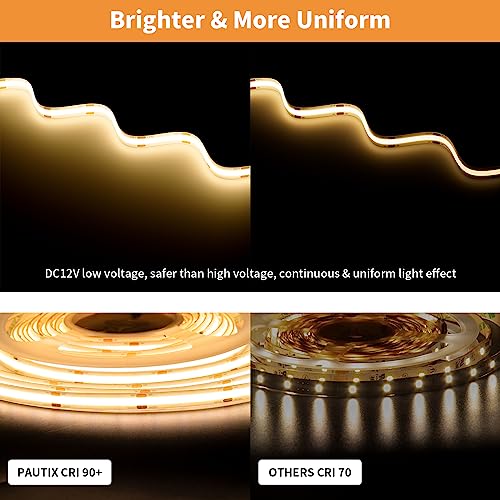 Image of PAUTIX COB LED Strip Light 12V Warm White 3000K Waterproof IP65 18Ft CRI90+ Flexible LED Tape Lights for Cabinet Engineering Home DIY Lighting Project with 8mm Connector(Power Supply Not Included)