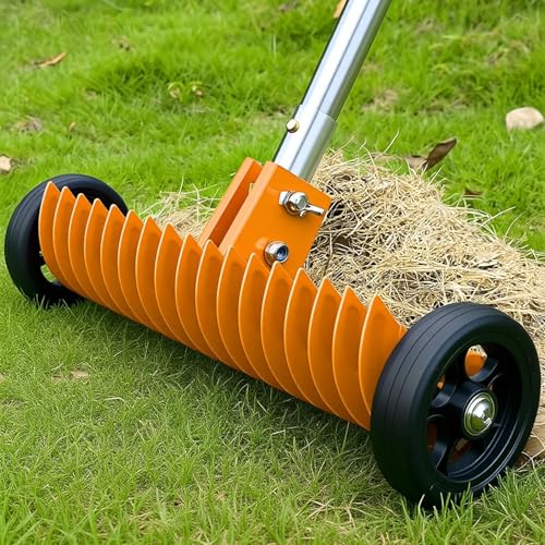 Thatch Rake for Lawn 15-Inch Dethatcher Rake with Rolls Efficient Steel Metal Rake Dethatching Rake Adjustable 0-15 38-68 Inch Handle Heavy-Duty Thatching Rake for Cleaning Dead Grass(Coral)