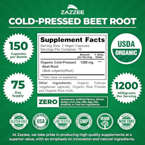Image of Zazzee Cold-Pressed USDA Organic Beet Root, 150 Quick Release Capsules