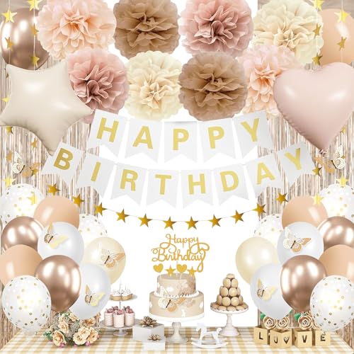 lambent Happy Birthday Decorations Kits for Women Girls,Champagne-Gold Beige Fall Boho Birthday Party Decorations with Foil Balloons,Birthday Banner,Star Banner,Fringe Curtain,Cake Topper