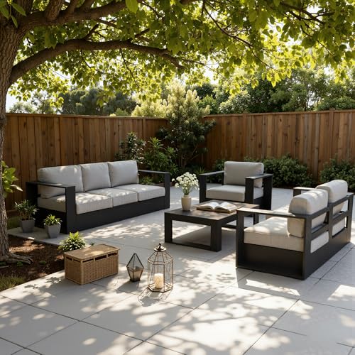 Image of LayinSun Oversized Aluminum Outdoor Furniture Set, 4 Piece Patio Sofa Sets with Coffee Table, Deep Seating and Upgraded 6-inch Cushions for Porch, Balcony, Deck