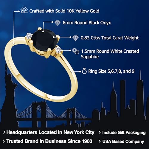 Gem Stone King 10K Yellow Gold Black Onyx and White Created Sapphire Solitaire Engagement Ring For Women (0.83 Cttw, Round 6MM, Gemstone December Birthstone, Available in Size 5,6,7,8,9)2