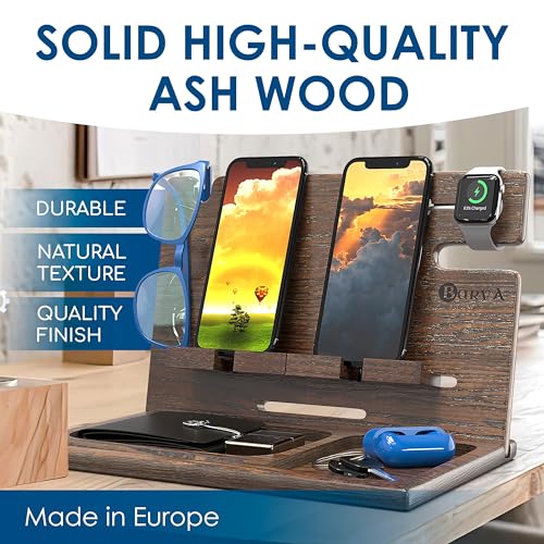 Image of BarvA Two Phone Docking Station | Night Stand Desk Organizer | Wood Nightstand Organizer | Tablet Smart Watch Earbuds Charging Station | Upgraded Dresser Phone Stand | Bed Room Decor Gifts for Men