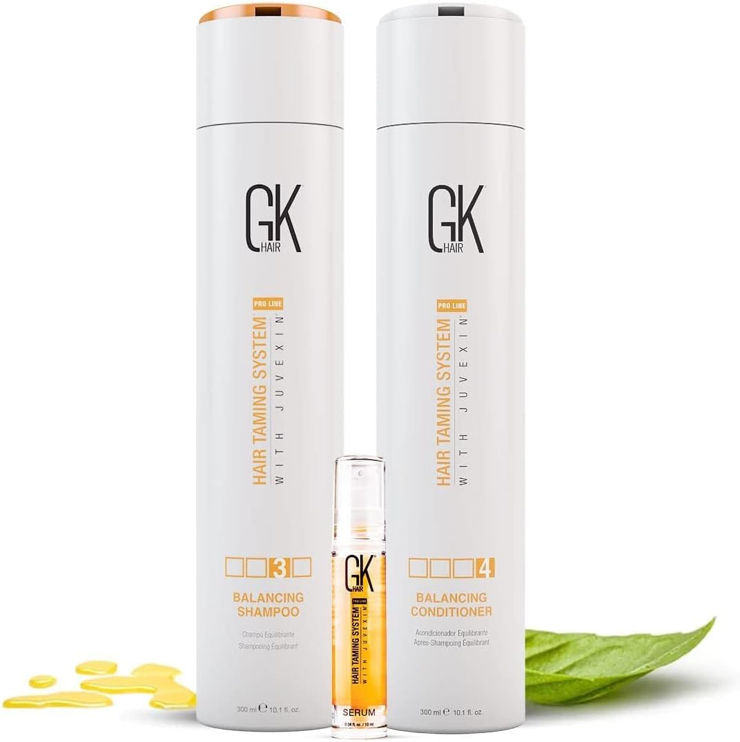 GK HAIR Natural Balancing Shampoo en Conditioner 300ml Combo Set met 100% Mini Biologische Olie Serum 10ml voor alle soorten gehydrateerde, vettige, vette, droge en beschadigde haren
