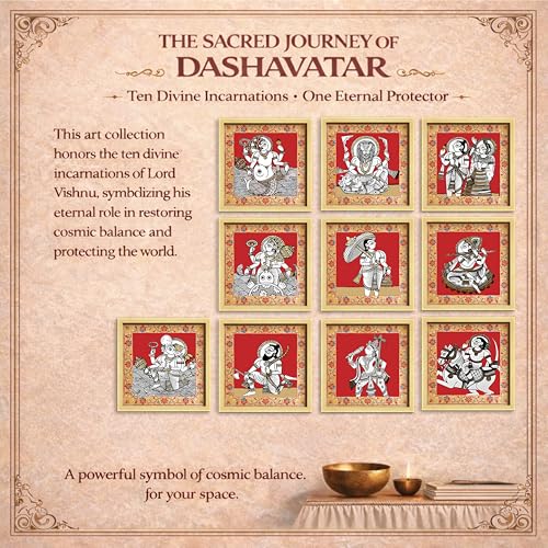 Image of Dashavatar Wall Art Paintings With Frame For Living Room | 10 Avatars of Lord Vishnu Framed Paintings | Sacred Hindu Spiritual Wall Decor Poster for Home, Pooja Room, Gifting, Set of 10, Size 24x24 cm