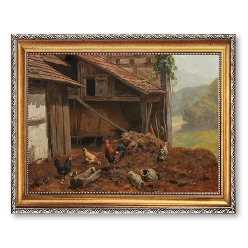 Vintage Framed Farmyard Chicken Scene Wall Art Canvas Print Oil