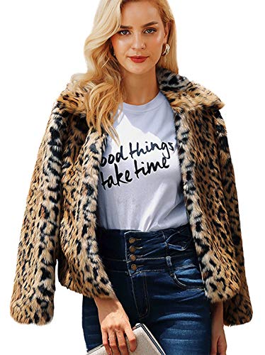 Shilanmei Womens Leopard Faux Fur Coat Vintage Warm Long Sleeve Parka Jacket Outwear (Tag M = US 4/6)