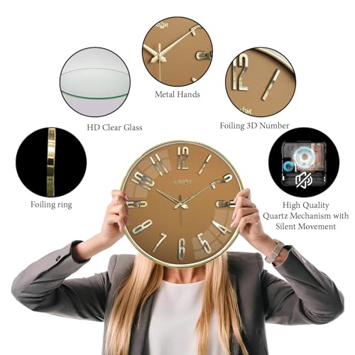 Image of RANDOM Silent Wall Clock, Non-Ticking Quartz Movement, Foiling Ring and 3D Numbers (Brown)