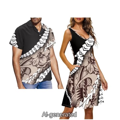 Image of Dreaweet Summer Dresses for Women A-Line Sleeveless Flowy Sun Dresses,Men's Casual Button-Down Shirts,Couple Matching Outfits