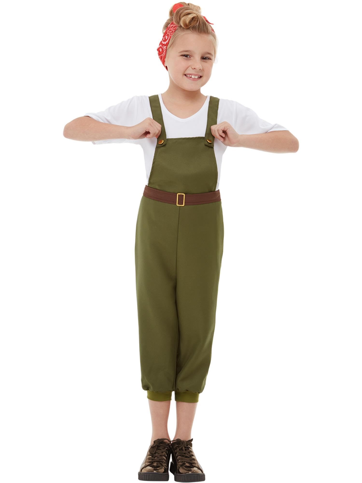 Smiffys WW2 Little Land Girl Costume, Green with Top, Dungarees & Headscarf, Girls Fancy Dress, Child Dress Up Costumes