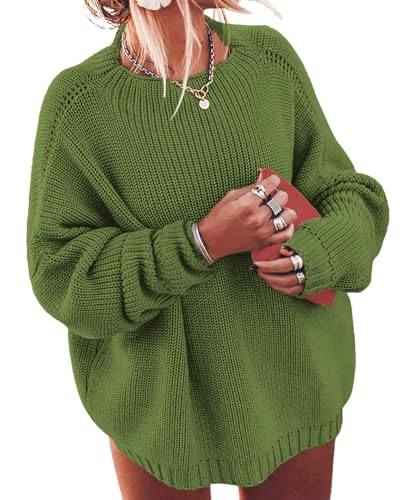 Women's Plus Size Oversized Sweater Crew Neck Batwing Puff Long Sleeve Slouchy Pullover Chunky Knit Jumper Tops Army Green 5X-Large