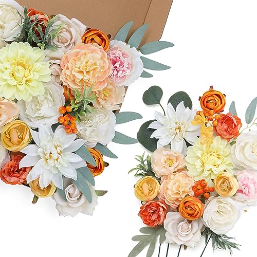 Senseya Artificial Flowers Combo Box for Decoration,Silk Mix Fake Flowers with Stems DIY Wedding Bouquets,Artificial Flowers Bulk Box Set Home Cake Decor (Orange&White)