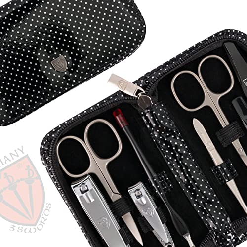 3 Swords Germany – brand quality 8 piece manicure pedicure grooming kit set for professional nail care with synthetic leather case black silver spots - Made in Germany