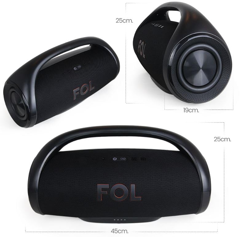 Dimensions of FOL TWS R-206 Bluetooth Speaker: 45cm length, 17cm width, 25cm height