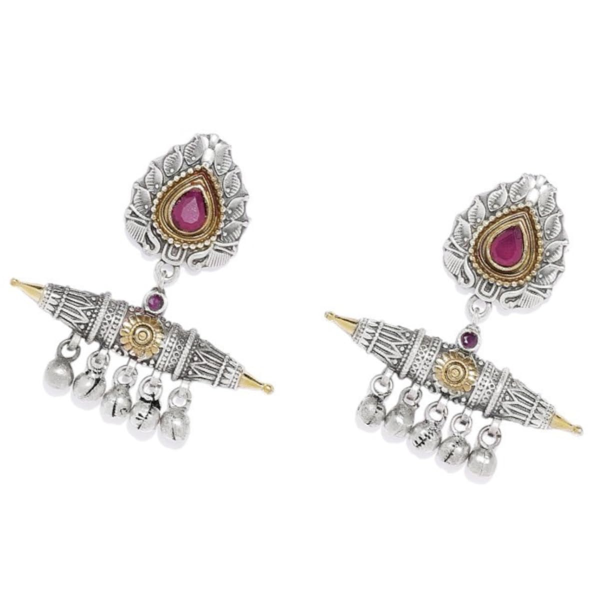 JWELLA Silver Plated Ethnic Dual Tone German Silver with Red Ruby Stone studded Oxidized Dangle Earrings for Women and Girls (B0D9RVLZ2P) Amazon Price History, Amazon Price Tracker