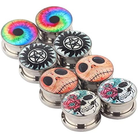 4 Pairs Surgical Steel Skull Ear Tunnels and Plugs 2g 0g 00g Earrings Gauges Expander Plugs for Ear (12mm=1/2'') Cover