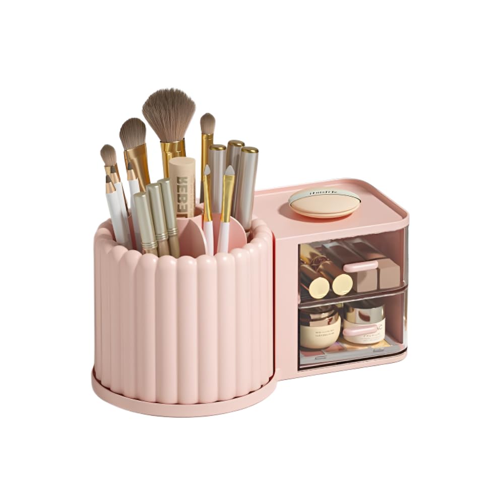 MILLEVIBE 360° Rotating Makeup Brush Holder Organizer, Cosmetic Storage Pen Holder with Drawer, Organizer for Dresser, Desktop and Bathroom (Pink)