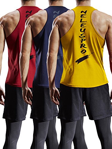 Neleus Men's 3 Pack Mesh Workout Muscle Tank Top,5007,Red,Navy Blue,Yellow,US L,EU XL