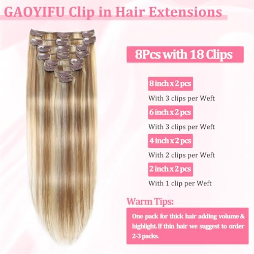 Image of Clip in Hair Extensions Real Human Hair Light Blonde Highlight for Women | Seamless Balayage 100% Human hair Clip ins Extensions for Women Invisible Straight 8Pcs Remy Double Weft Silky,18inch 100g