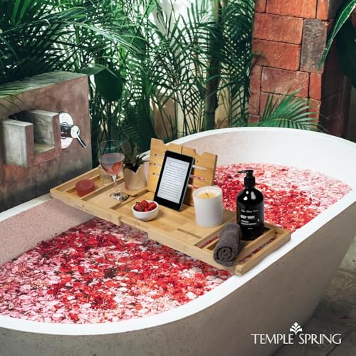 Foldable-Bamboo-Bathtub-Tray-Caddy-for-Tub--Expandable-One-Piece-Wood-Bath-Table-with-Wine-Holder-Book-Stand-and-Non-Slip-Pads--Space-Saving-Bath-Caddy--Housewarming