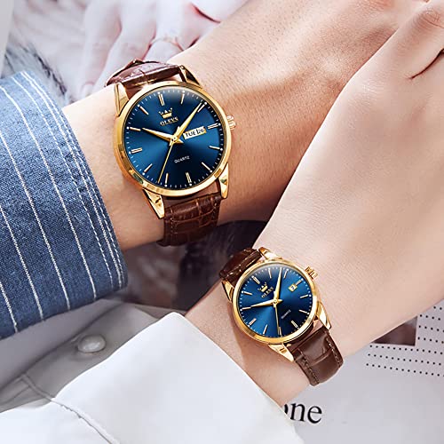 Image of OLEVS Couple Watches Quartz Calendar Luminous Waterproof Leather Luxury Casual Wrist Watch for Men & Women Best Gift for Anniversary, Valentine's Day