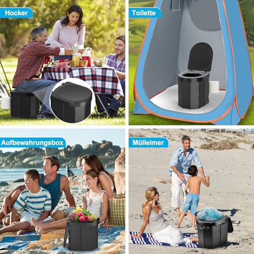 WADEO Tragbare Campingtoilette mit Deckel und bequemem Sitzkissen, Belastbarkeit bis zu 200kg, Mobiltoilette Falttoilette mit Toilettenbeutel und Papierhalter, ideal für Camping Wandern Reisen Angeln