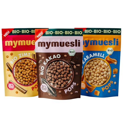mymuesli Bio Cerealien Kinder 3er Set (3x Pops) Schoko Flakes Karamell & Zimt knusprige Frühstückscerealien mit weniger Zucker ohne Palmöl Crunchy Frühstück Kinder & Familie