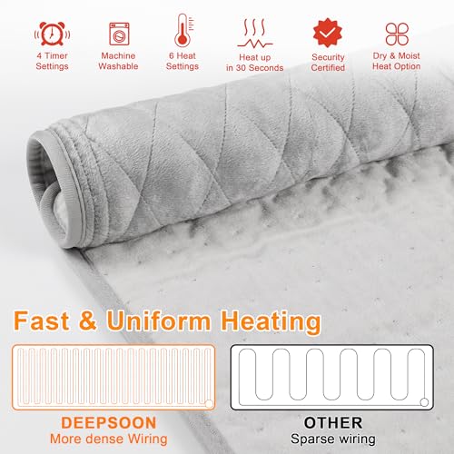 Image of Deepsoon Heating Pad,Electric Heating Pads for Back,Neck,Moist Heating Pad for Abdomen Shoulder Knee Legs,Dry /Moist Heat&Auto Shut Off,Mother's Day Birthday for Men and Women,Weighted Gray,24x12 Inch