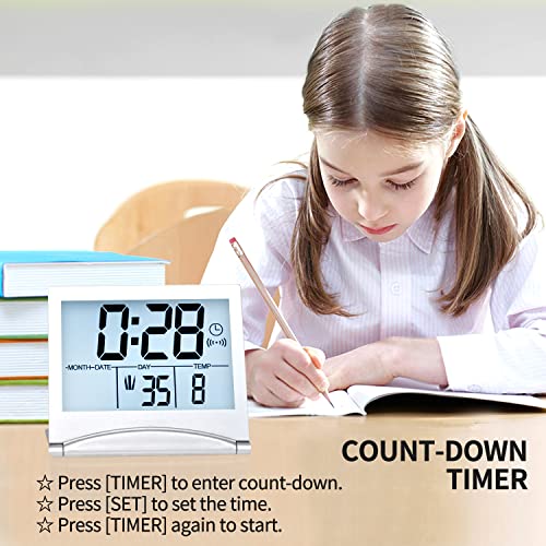Betus Digital Travel Alarm Clock With White Backlight - Foldable Calendar Temperature Timer Lcd Clock With Snooze Mode - Large Number Display, Battery Operated - Compact Desk Clock For All Ages #TOP4