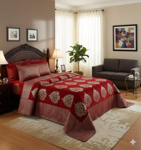 Image of Fresh from Loom Chenille 500 TC Double Bedsheet, Dimas Print Design with 2 Pillow Covers, Bedsheet Set for Bedroom Styling, Soft Touch Breathable Bedding, 90x100 Inches | Jhumka Maroon | Chenille