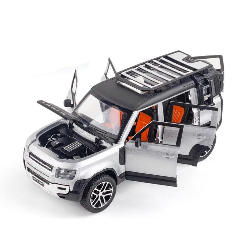 Image of Kids Model 1:24 Land Rover Defender Die Cast Metal Car Pull Back Action Opening Doors with Realistic Engine Sound Lights Toy Car Gift for Boys - Silver