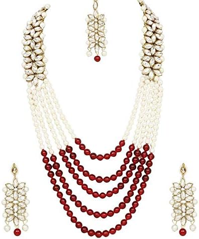 I Jewels 18K Gold Plated Traditional 5 Layers Kundan & Pearl Beaded Moti Raani Haar Necklace Jewellery Set For Women (ML164)