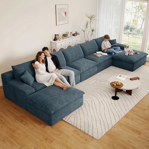 Image of 165 inch Cloud Couch Modular Sectional Sofa for Living Room, U-Shape Boneless Couch with Deep Seat, Modern Corduroy 5-Seater with Ottomans, No Assembly Required, Blue