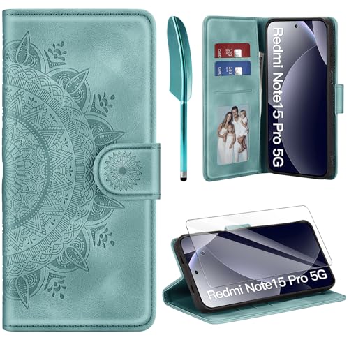 ivencase Lederhülle für Xiaomi Redmi Note 15 Pro 5G Hülle & Schutzfolie, Premium Klappbar Handyhülle Flip Wallet, [Kartenfach] [PU Leder] [Ständer] Schutzhülle für Redmi Note 15 Pro 5G, Grün