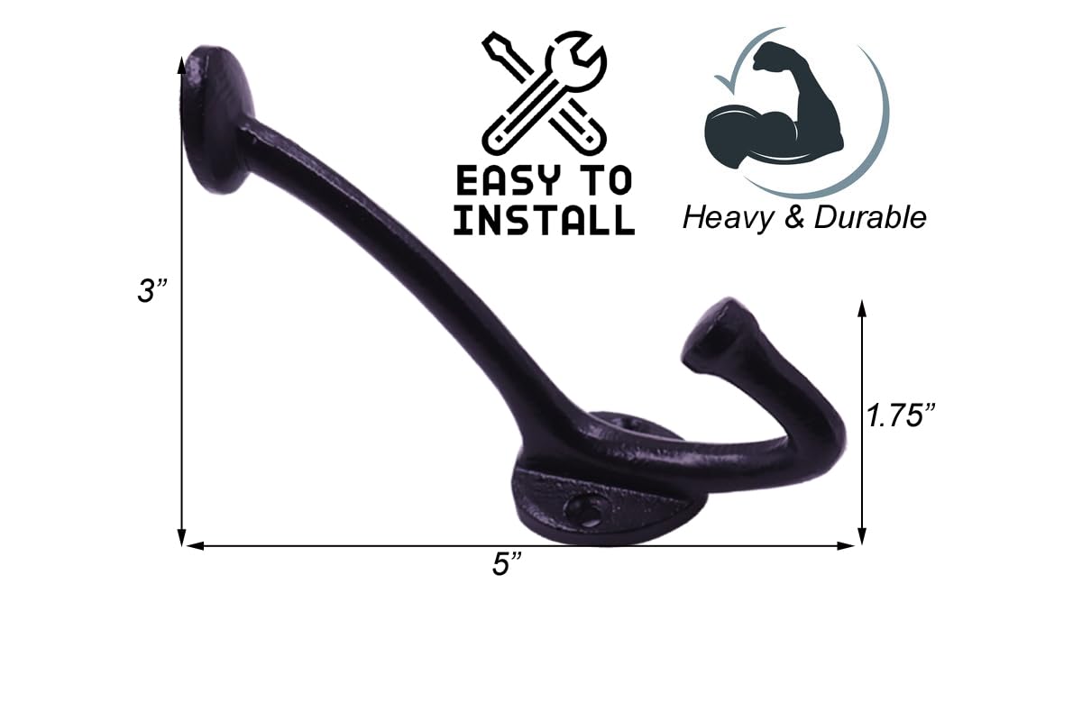The Metal Magician 6-Pack Cast Iron Wall Mounted Coat Hooks, Vintage Decorative Heavy Duty Black Hooks for Coats, Hats, Purse, Towels, Modern Farmhouse Decorative Hook Set Black