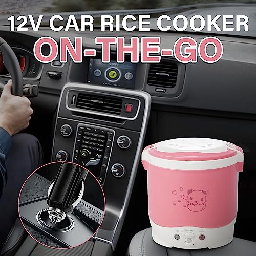 Image of OSBA 12V Rice Cooker for Car 1L Mini Rice Cooker with Steamer, Pink