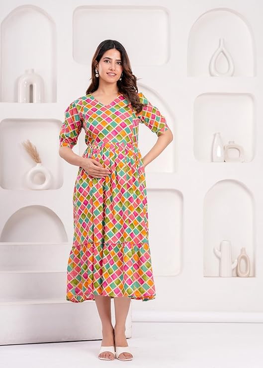 Image of Women Feeding Kurti for Women Cotton Maternity Kurta with Nursing Zip for Pre & Post Pregnancy