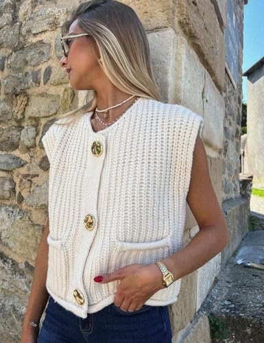 Arssm Women Button Down Sweater Vest Sleeveless Crop Knit Cardigan Cropped Knitted Sweater Vest with Pockets2
