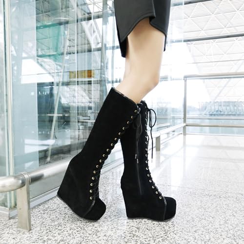 Bellirala Womens Hidden Wedge Knee High Lace Up Platform Boots with Zip4