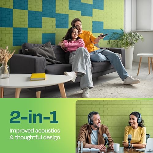 Image of Acoustic Wall Panels 18-Pack, 12 inchx12 inchx0.4 inch Decorative Self-Adhesive Sound Proofing | High Density 3D Brick Soundproof Absorbing Tiles for Walls, Home, Office & Studio - Gin Green