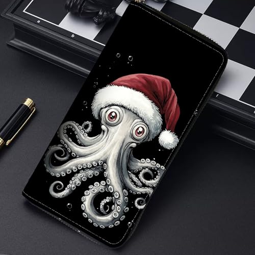 Image of RFID Blocking Leather Wallet for Women - Large Capacity Zip Around Clutch with 8 Card Slots,39 Cash Pockets & Coin Zipper,Funny Octopus Design