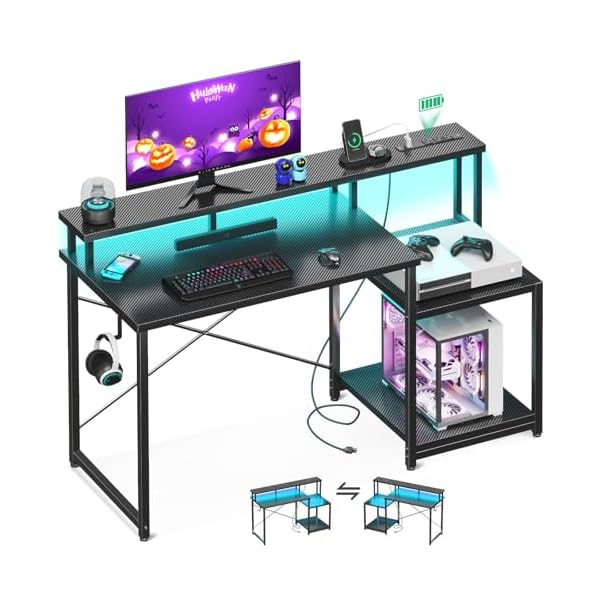 AODK Computer Desk, 48 Inch Gaming Desk with Led Lights & Power Outlet, Office Desk with Printer Storage Shelves, Reversible Desk with Monitor Shelf & Headphone Hook, Carbon Fiber Black
