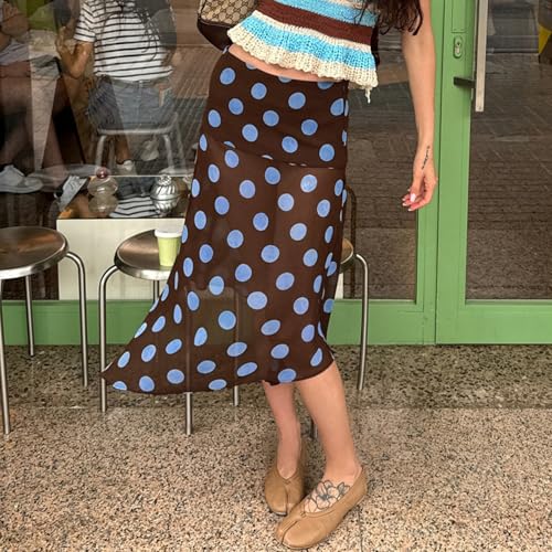 CORIRESHA Women's Y2K Contrast Polka Dot Midi Skirt Semi-Transparent Irregular Skirt4