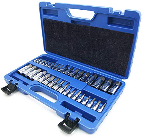 NORTOOLS Master Hex Bit Socket Set S2 Steel Allen Socket Bit SAE and Metric Torx Bit CRV Socket Tool Allen Wrench Bit Kit 1/2" 3/8" 1/4" Drive Automotive Bike Motorcycle and ATV 34 Pieces