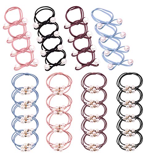 20 Pcs Pearl Hair Ties,Sonku Hair Scrunchies with Beads Rubber Hair Bands Elastic Ropes Bracelet Ponytail Holder with 12 Pcs Bow Hair Ties-32 Pcs In Total