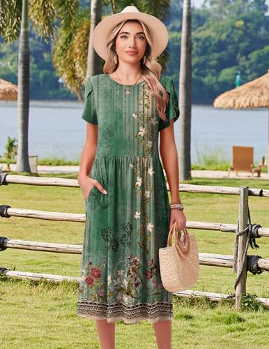 Image of HOTOUCH Women's Summer A-Line Midi Dresses 2026 Casual Floral Short Sleeve T-Shirt Dress Flowy Beach Sundress with Pockets