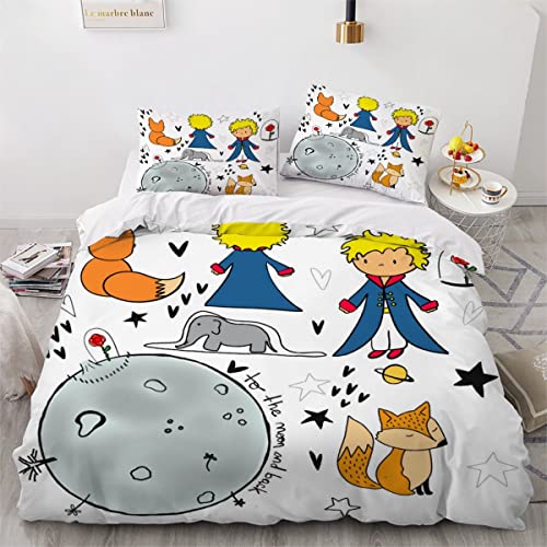 JIARAO Housse de Couette 200x200 Mignon Petit Prince Parure de lit 2 Personnes Garcon Fille 3D Motif Lune Et Renard Douce Microfibre avec Fermeture Éclair avec 2 Taies...