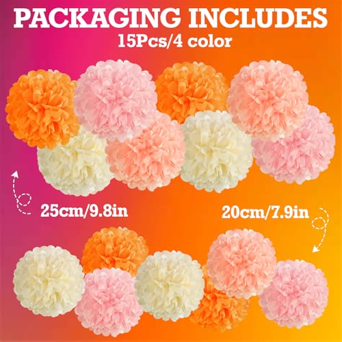 Image of 15Pcs Tissue Pom Poms Pink Orange Paper Flowers Hanging Decorations Orange Pink Flower Ball for Baby Shower Wedding Nursery Birthday Party Backdrop Home Outdoor