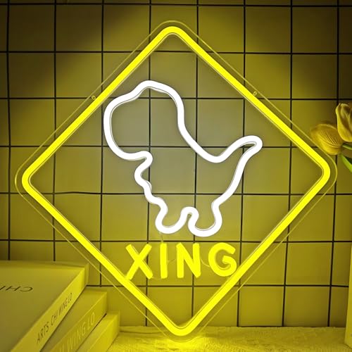 Image of Dinosaur Neon Sign T-rex Neon Light Dimmable Crossing Warning Sign Dino Night Light Dinosaur Room Decor Birthday Halloween Christmas Gift for Boys Kids